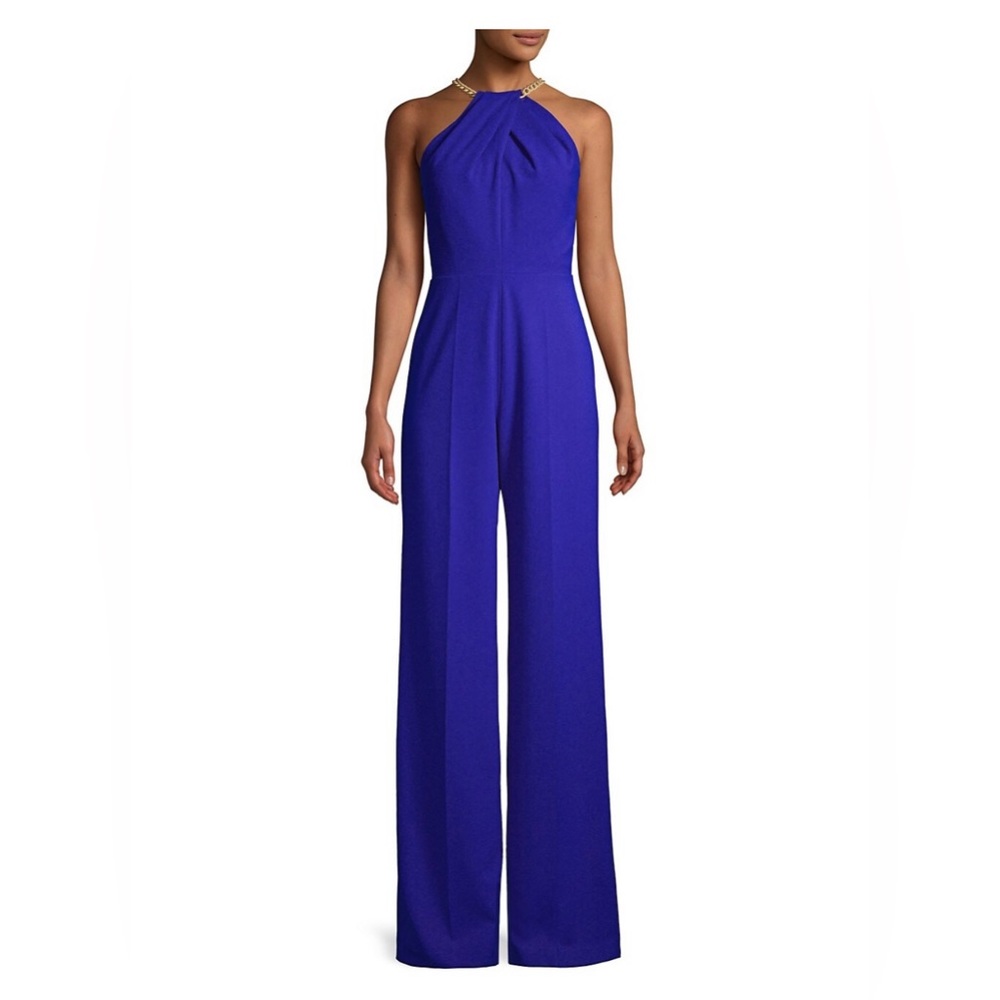 Jay Godfrey Zinnia Twisted Halter-Neck Jumpsuit with Silver Chain Detail